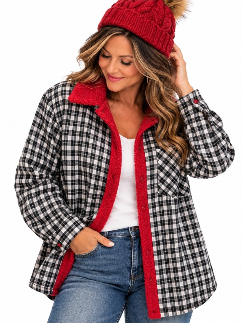 Tees2UrDoor Plaid Sherpa Lined Button Down Shirt Jacket 2X